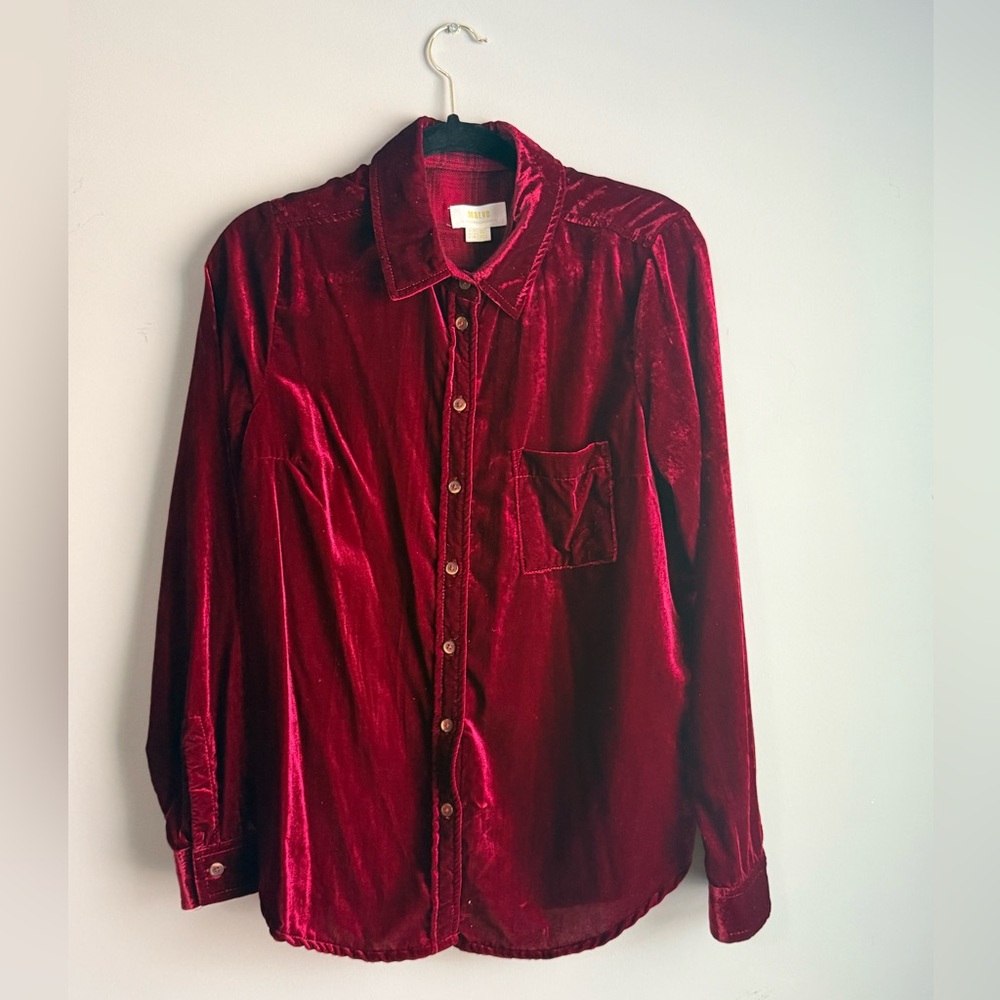 Anthropologie Maeve Velvet Button-Up in Burgundy Red EUC